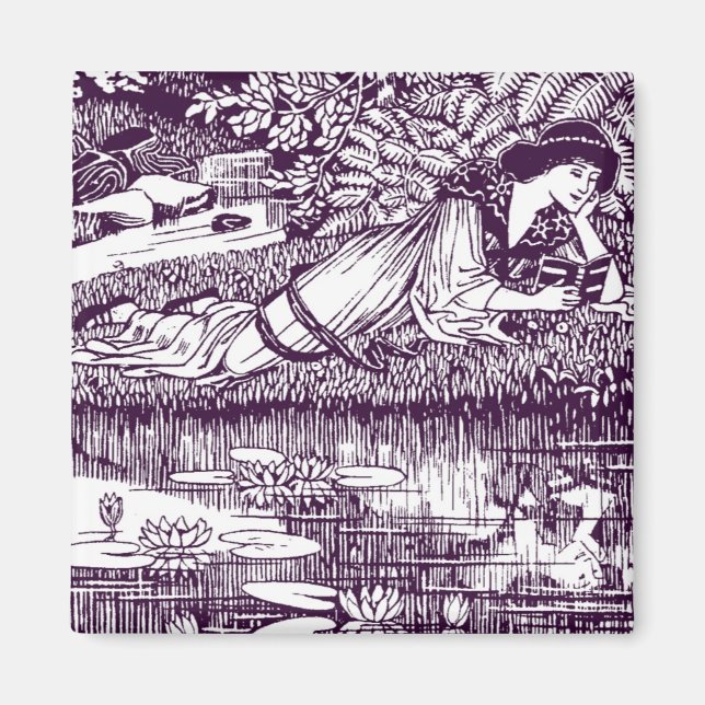 Imán Lady Reading al lado de un estanque (Frente)