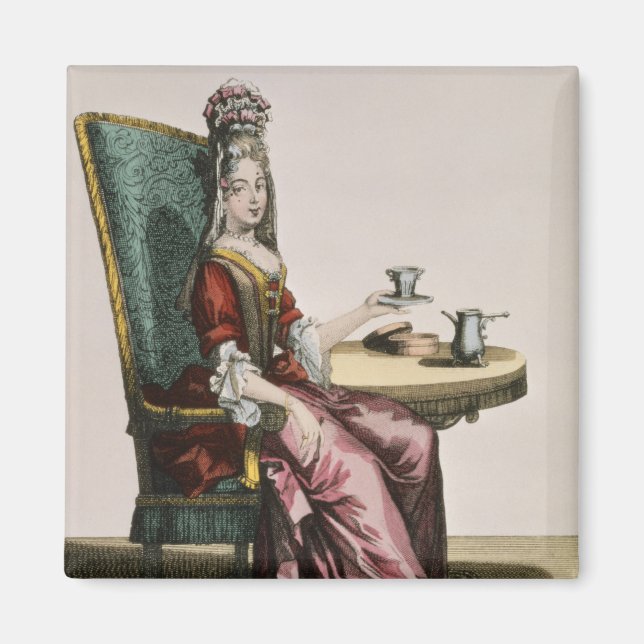 Imán Lady Tomando café, plato de moda, c.1695 (engravi (Frente)