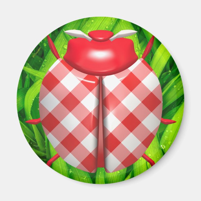 Imán Ladybug en el césped gingham check lindo rojo (Frente)