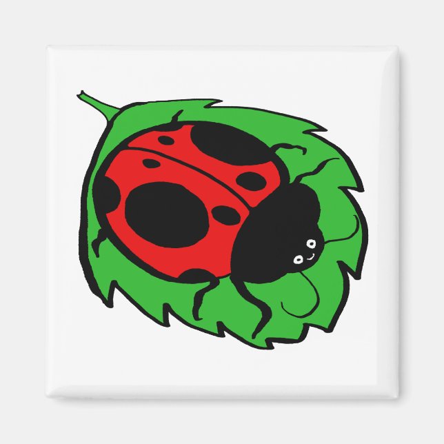 Imán Ladybug sonriente en una hoja verde (Frente)