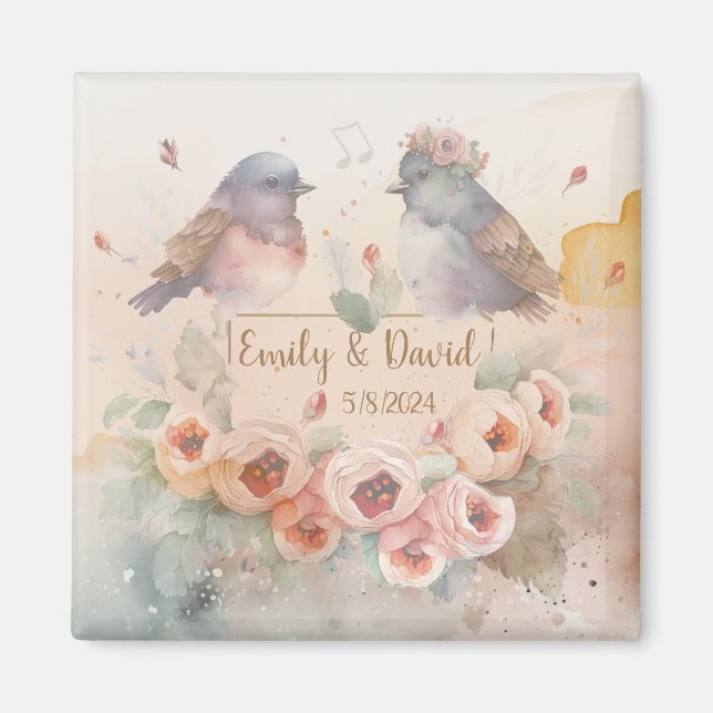 Imán Las acuarelas adoran a las aves con rosas para bod (Frente)