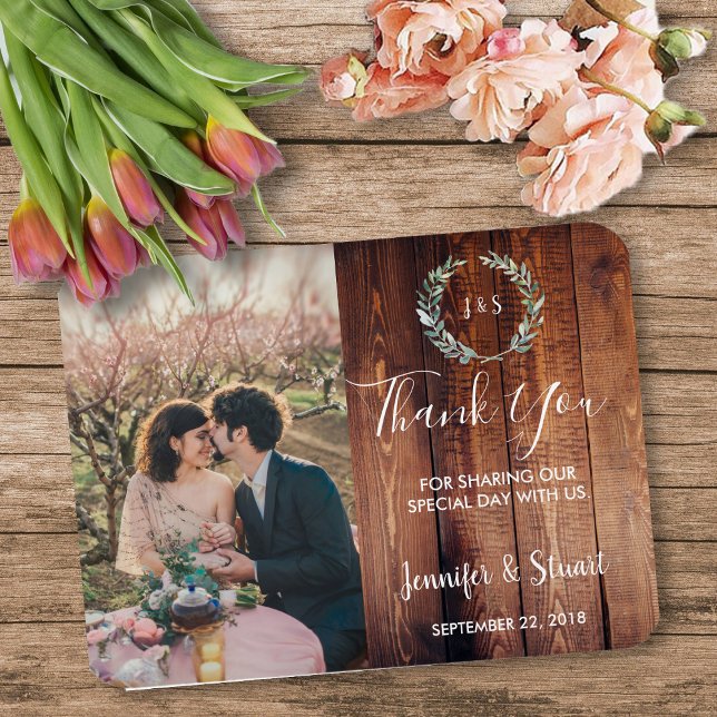 Imán Las acuarelas rusas dejan al boda de fotos Gracias (Watercolor leaves on rustic wood, monogrammed, photo wedding thank you magnetic card.)