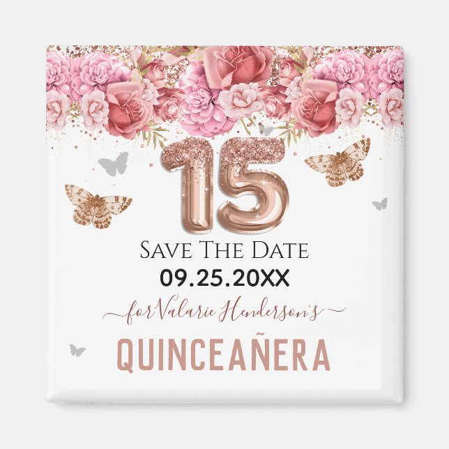 Imán Las mariposas florales rosa Quinceañera salva la f (Frente)