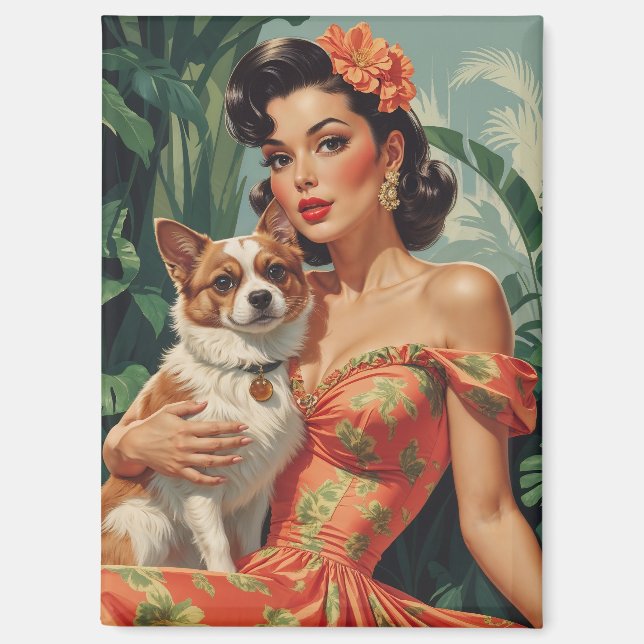 Imán Latina Pin-Up con Perro Cute (Anverso)