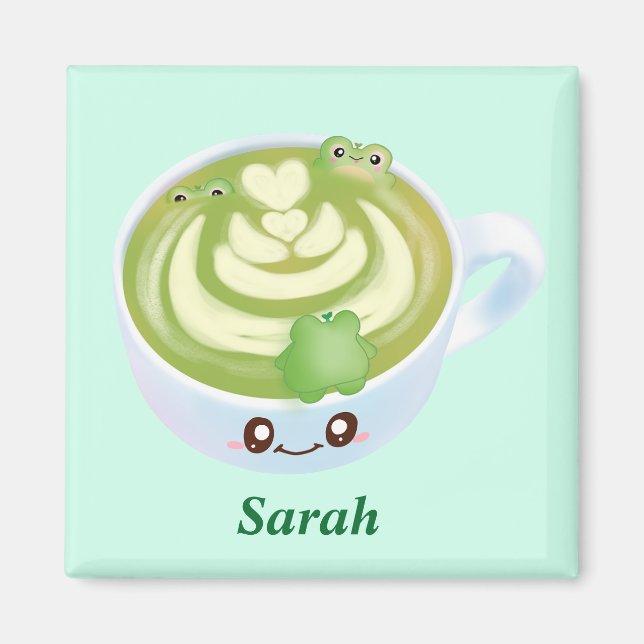 Imán Latte De Té Verde Matcha Caliente Con Ranas Cutas (Frente)