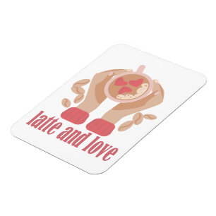 Imán Latte y taza de amor, manos y cita de café