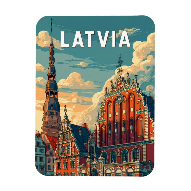 Imán Latvia Illustration Travel Art Vintage (Vertical)