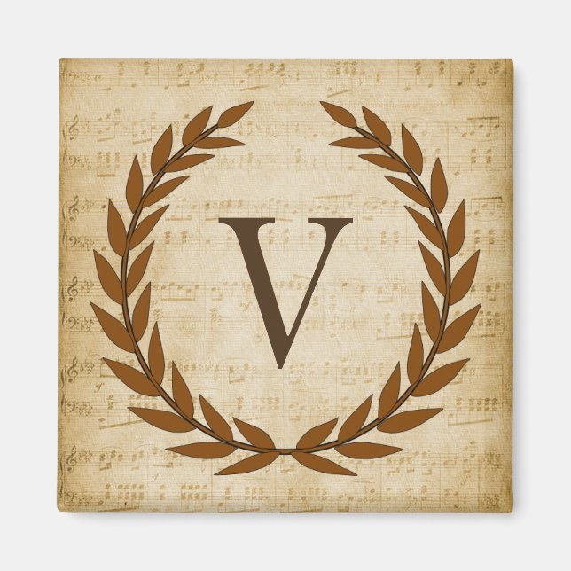 Imán Laurel Wreath Sheet Music Monograma Inicial V (Frente)