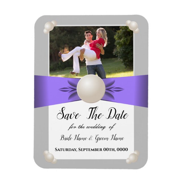 Imán Lavender & Gray Pearl Ribbon Photo Save the Date (Vertical)