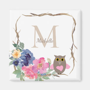 Imán Lechuza floral rosada monogramo