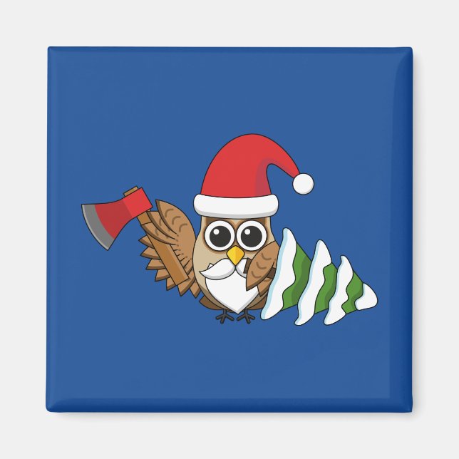 Imán Lechuza navidad con hacha y pino nevado (Frente)