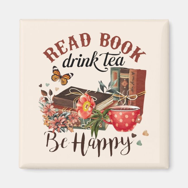 Imán Leer libros, beber té y ser feliz (Frente)