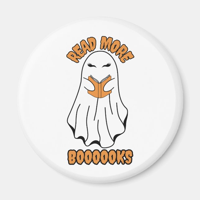 Imán Leer más Libros Naranja fantasma de Halloween (Frente)