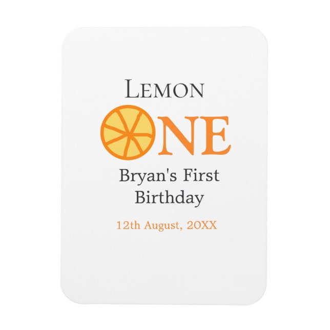 Imán Lemon one feliz primer cumpleaños naranja retro gr (Vertical)