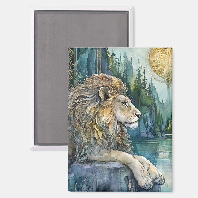 Imán León del Reino Encantado Arte Fantástico (Anverso/Reverso)