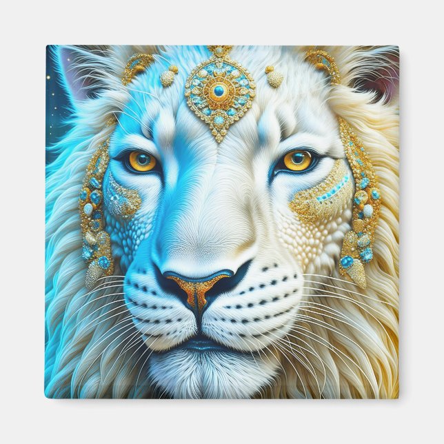 Imán León majestuoso blanco y dorado (Frente)