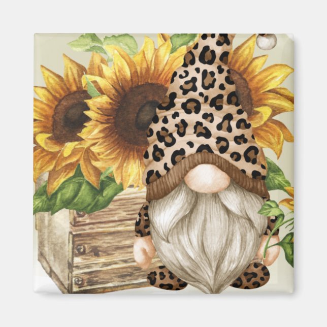 Imán Leopard Gnome Sunflowers Magnet (Frente)