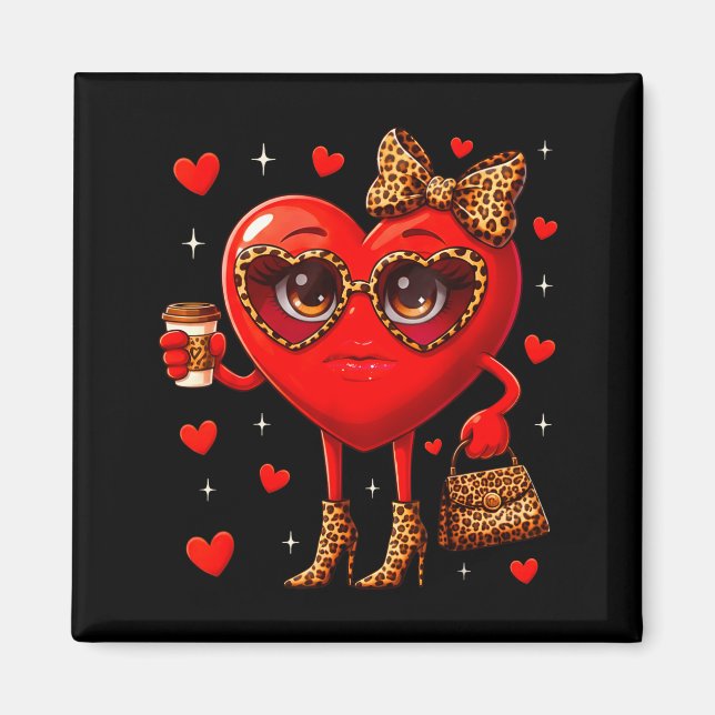Imán Leopard Heart Drinking Coffee Valentines Day Women (Frente)
