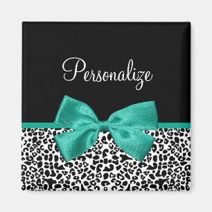 Imán Leopard Print Emerald Green Ribbon Bow Nombre Moda