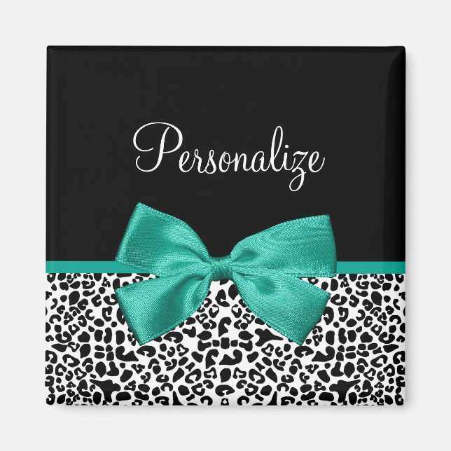 Imán Leopard Print Emerald Green Ribbon Bow Nombre Moda (Frente)