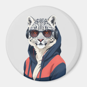 Imán Leopard usando Hoodie Funny personaje de animal de