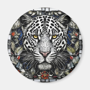 Imán Leopardo en blanco y negro rodeado de flores