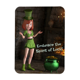 Imán Leprechaun Toon Chica al lado de la olla de oro