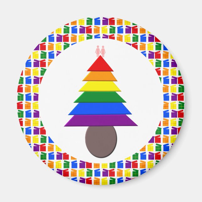 Imán Lesbianas arcoiris Árbol y regalo de Navidad (Frente)