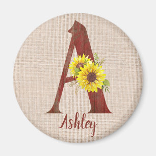 Imán Letra A y girasol de madera de grano personalizada