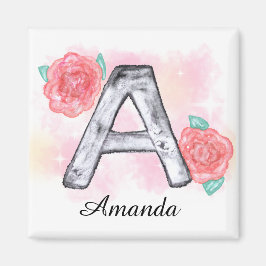 Imán Letra acuarela floral a