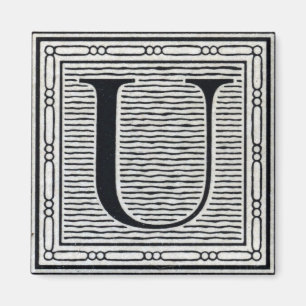 Imán Letra de bloque "U" Woodcut Woodblock Inital