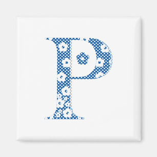 Imán Letra de patrón de flor P(azul)