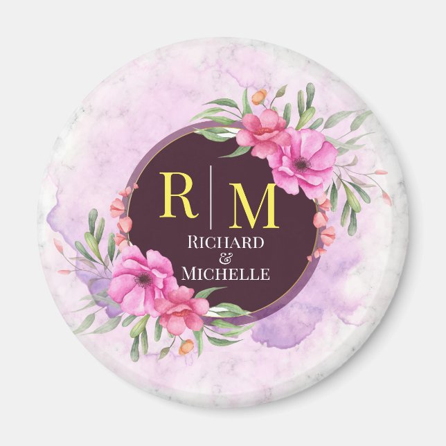 Imán Letra inicial floral de la guirnalda Monograma Nom (Frente)