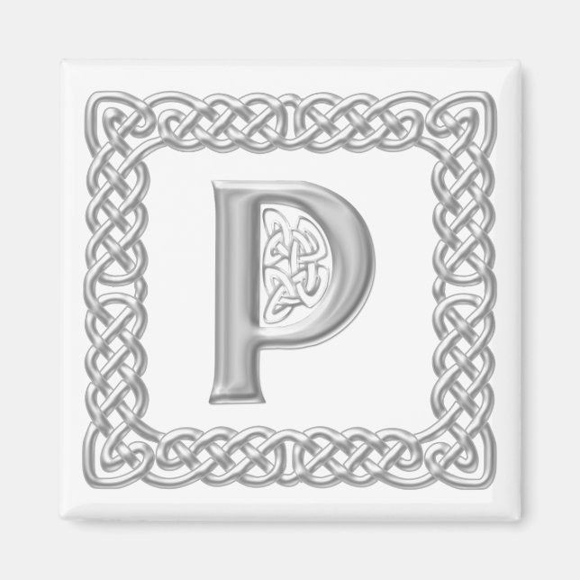 Imán Letra monograma P de Knot celta de efecto plateado (Frente)