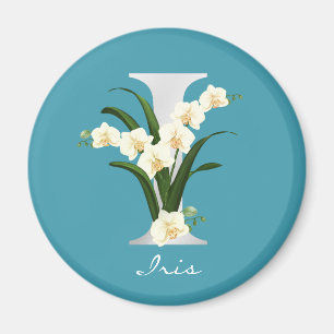 Imán Letter I Metallic White Monogram Orchids   Name