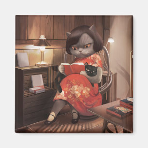 Imán Leyendo gato en Cheongsam