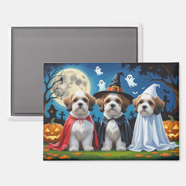 Imán Lhasa Apso Dogs Pumpkin Halloween Funny (Anverso/Reverso)