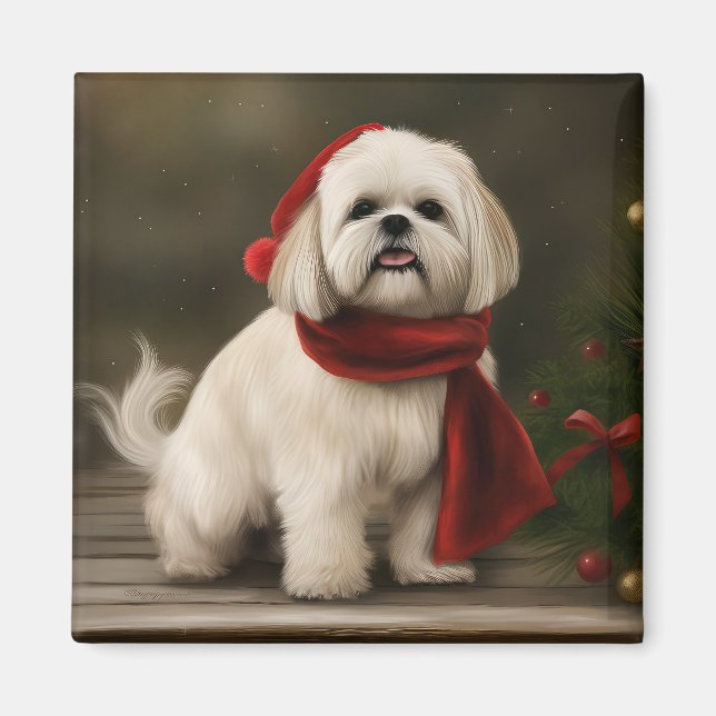 Imán Lhasa Apso Perro en Navidad Nieve (Frente)