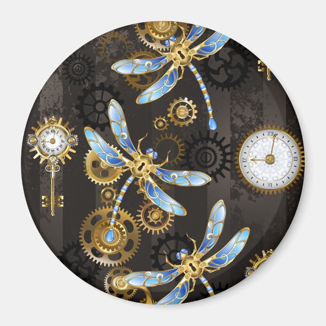 Imán Libélulas Steampunk sobre fondo rayado marrón (Frente)
