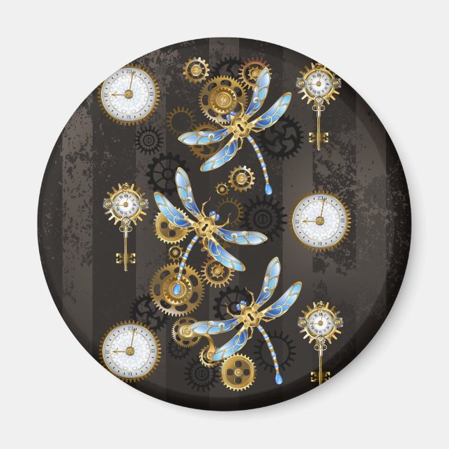 Imán Libélulas Steampunk sobre fondo rayado marrón (Frente)