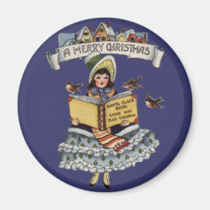 Imán Libro Vintage de Niña y Santa Claus de Navidad
