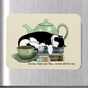 Imán Libros Acogedores Gato Esmoquin Té Tetera Verde Li