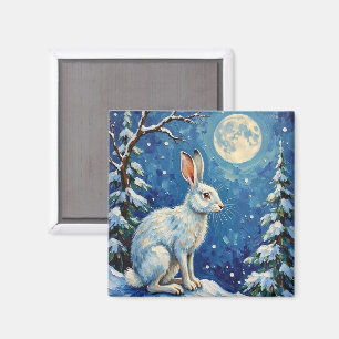 Imán Liebre ártica vintage en Navidad con luz de luna i