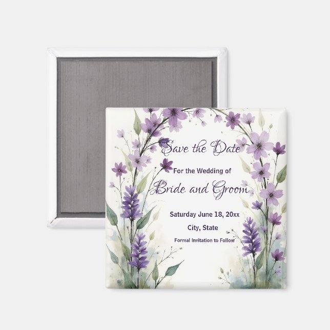 Imán Lila Lavanda Floral Salvar la Fecha (Anverso/Reverso)