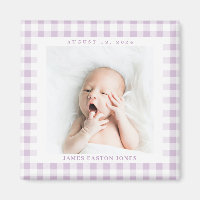Lilac Gingham Check Baby Birthdate Magnet