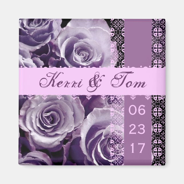 Imán Lilac Purple Boda Rose Bouquet con Lace (Frente)