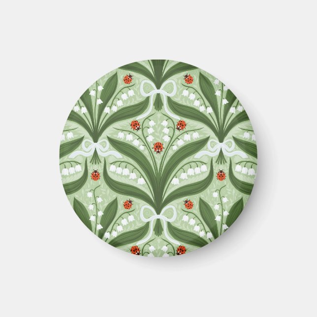 Imán Lily del valle y la simetría de ladybugs en verde, (Frente)