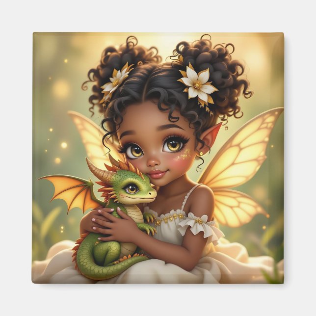 Imán Linda chica hada anime y dragón chibi (Frente)