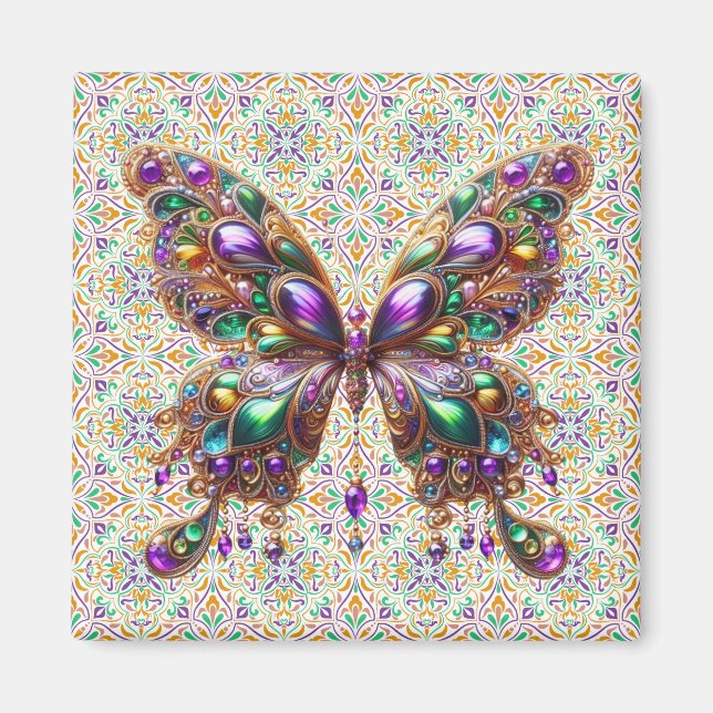 Imán Linda mariposa de Mardi Gras con joyas (Frente)