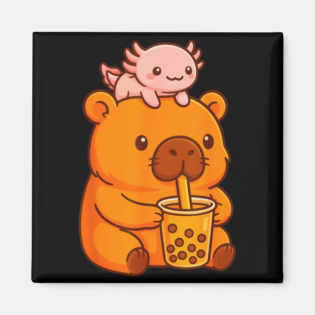 Imán Lindo capybara bebiendo té de burbujas y kawa de a (Frente)